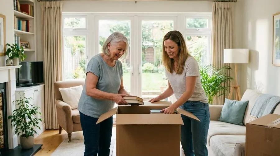 Two women gently packing and organizing together in a bright home